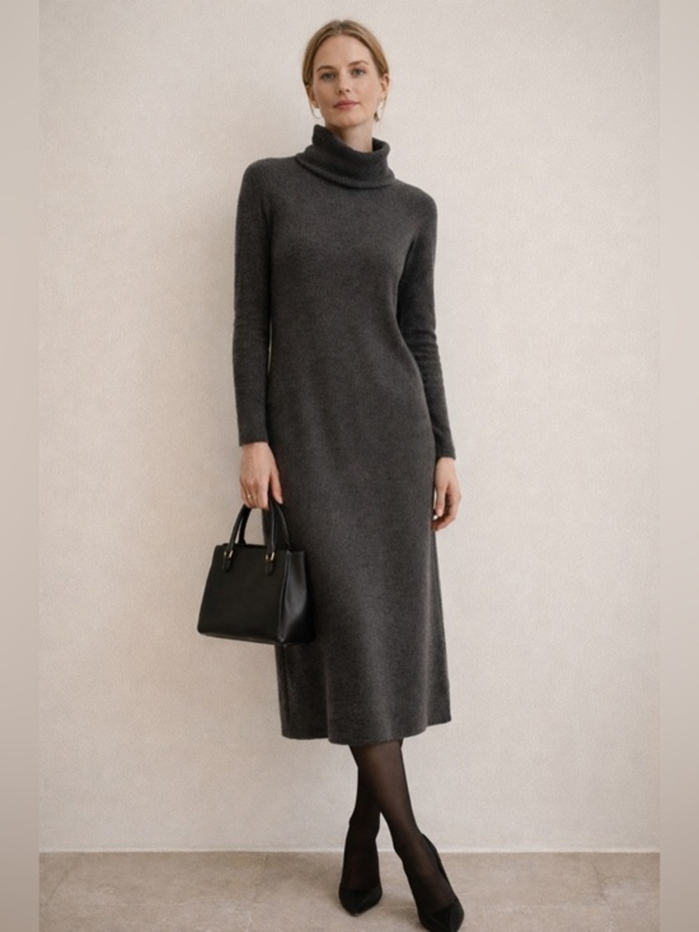 Talbots Italian Merino Wool Dress MP Gray Turtleneck Midi Classic Closet Staple